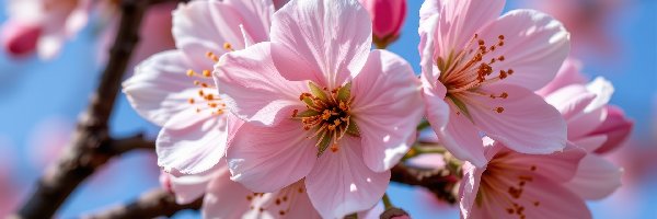 Różowe, Gałązka, Kwiaty, Grafika AI, Niebo