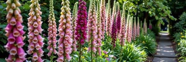 Drzewa, Kwiaty, Ścieżka, Naparstnica purpurowa, Różowe, Naparstnica