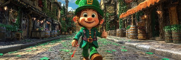 Skrzat, Droga, Listki, Koniczyna, Domy, Leprechaun, Czapka, Grafika