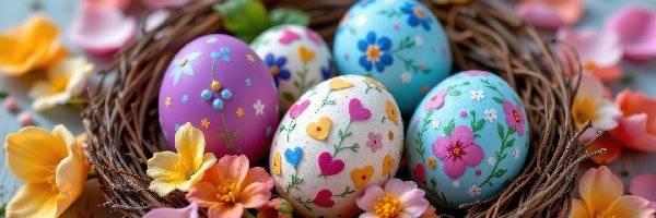 Wielkanoc, Pisanki, Gniazdo, Jajka, Kolorowe, Płatki, Kwiaty