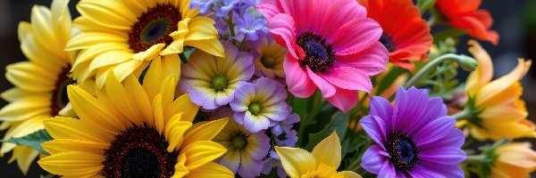 Kwiaty, Słoneczniki, Bukiet, AI, Narcyzy żonkile