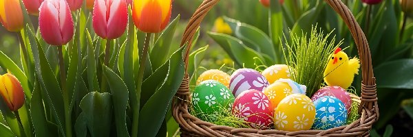 Tulipany, Kolorowe, Pisanki, Koszyk, Wielkanoc, Kwiaty, Kurczaczek