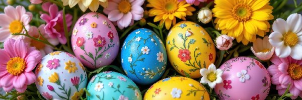 Żółte, Pisanki, Różowe, Kwiaty, Kolorowe, Wielkanoc
