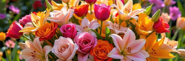 Zbliżenie, Tulipany, Róże, Kwiaty, Kolorowe, Bukiet, Lilie