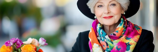 Kapelusz, Kolorowy, Szalik, Kwiaty, Uśmiech, Kobieta