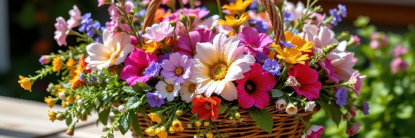Kwiaty, Bukiet, Kolorowe, Stół, Koszyk