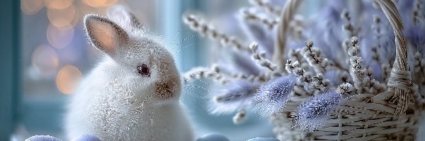 Kłosy, Bazie, Pisanki, Królik, Biały, Grafika AI, Wielkanoc, Koszyk, Trawa