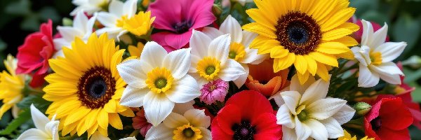 Kwiaty, Maki, Słoneczniki, Bukiet, Narcyzy