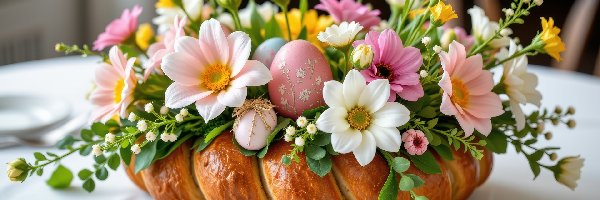 Dekoracja, Kwiaty, Pisanki, Grafika AI, Chleb, Wielkanoc