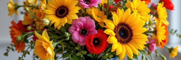 Kwiaty, Wazon, Słoneczniki, Bukiet