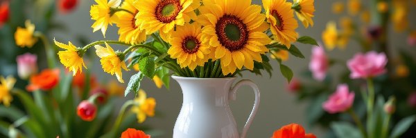 Słoneczniki, Wazon, Maki, Kwiaty