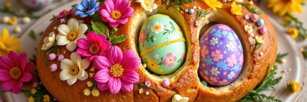 Wielkanoc, Pisanki, Chleb, Grafika AI, Kwiaty