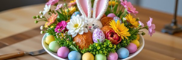 Miska, Chleb, Kwiaty, Stół, Zajączek, Wielkanoc