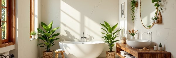 Kwiaty, Wanna, Dywan, Taboret, Umywalka, Lustro, Szafki, Łazienka