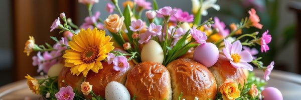 Wielkanoc, Kwiaty, Pisanki, Kolorowe, Chleb, Stół, Talerz