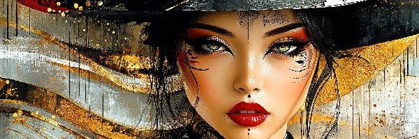 Kapelusz, Makijaż, Tatuaż, Grafika, Azjatka, Kobieta