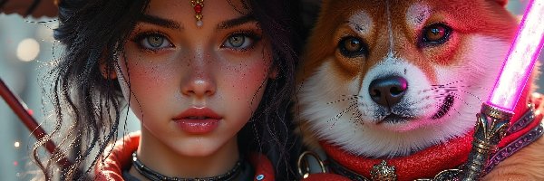 Pies, Grafika AI, Miecz, Dziewczyna