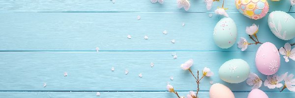 Gałązki, Kolorowe, Tło, Niebieskie, Pisanki, Białe, Kwiaty, Wielkanoc