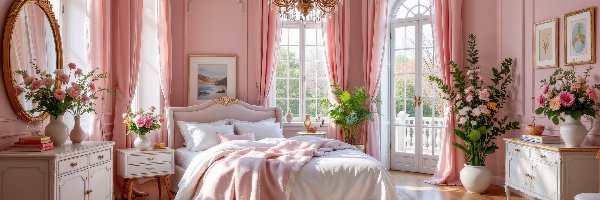 Lustro, Bukiety, Komody, Łóżko, Sypialnia, Zasłony, Różowe, Kwiaty, Żyrandol
