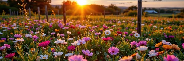 Łąka, Kwiaty, Kolorowe, Ogrodzenie, Zachód słońca