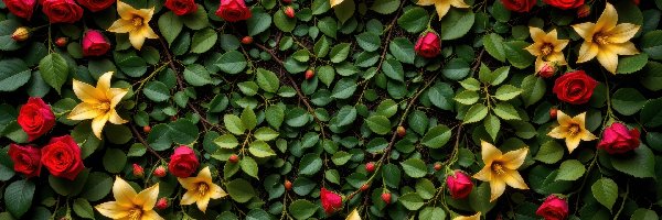 Żółte, Czerwone, Róże, Kwiaty, Listki, Gałązki