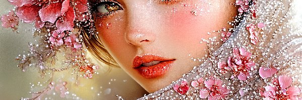 Kobieta, Spojrzenie, Twarz, Grafika, Kwiaty