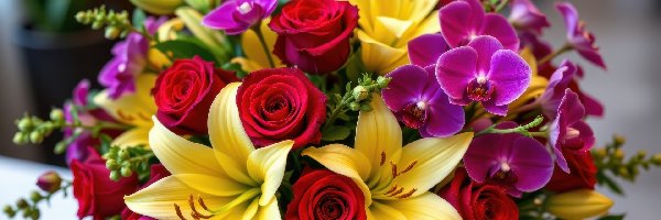 Czerwone, Żółte, Bukiet, Storczyki, Lilie, Róże, Fioletowe, Kwiaty