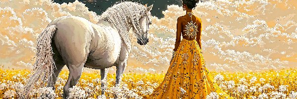 Grafika, Łąka, Kwiaty, Koń, Kobieta, Księżyc, Chmury