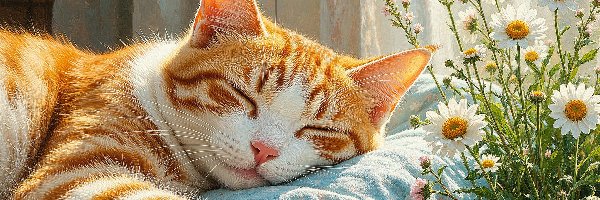 Rudy, Kot, Śpiący, Grafika AI, Kwiaty