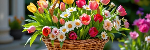 Koszyk, Żółte, Różowe, Tulipany, Stokrotki, Wiklinowy, Bukiet