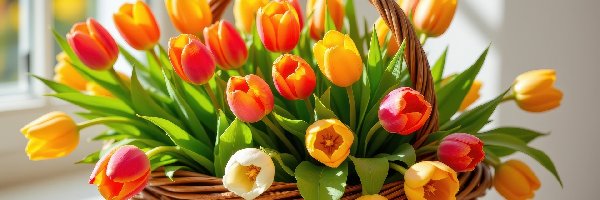 Wiklinowy, Czerwone, Tulipany, Koszyk, Żółte, Kwiaty