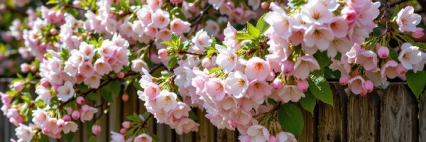 Listki, Jasnoróżowe, Kwiaty, Płot, Gałązki, Drzewo owocowe