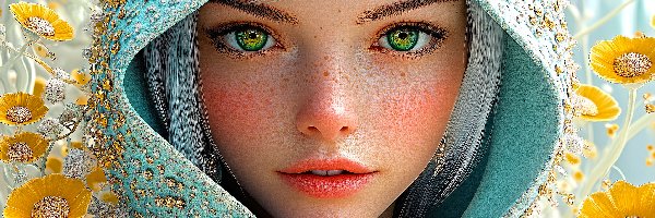 Biżuteria, Kaptur, Kwiaty, Grafika, Blondynka, Kobieta