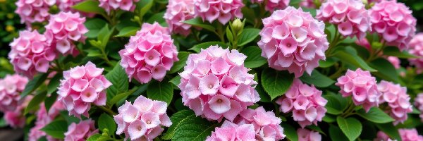 Hortensja, Kwiaty, Różowe, Krzew, Listki