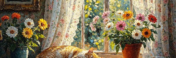 Parapet, Śpiący, Wazon, Doniczka, Kot, Okno, Kwiaty, Rudy