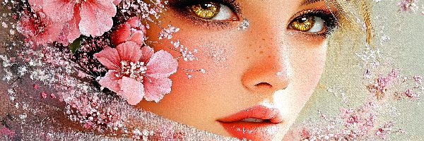 Kobieta, Oczy, Piwne, Grafika AI, Kwiaty