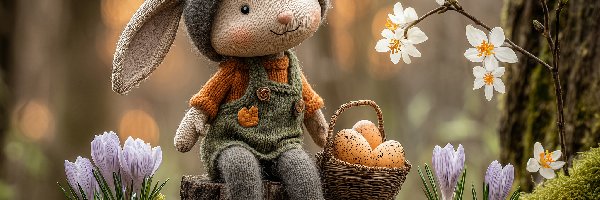 Krokusy, Pisanki, Ubranko, Króliczek, Wielkanoc, Grafika AI, Kwiaty, Koszyczek, Białe