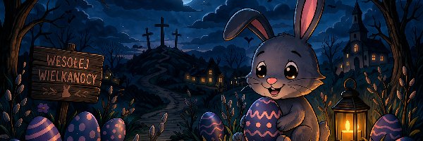 Kościół, Zajączek, Lampion, Księżyc, Ciemna, Noc, Pisanki, Wielkanoc, Jajka, Krzyże