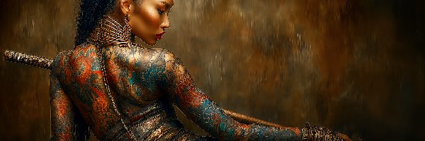 Kobieta, Kolczyk, Tatuaże, Grafika, Włócznia