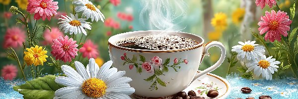 Filiżanka, Ziarna, Kawa, Grafika AI, Kwiaty