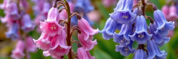 Kwiaty, Niebieskie, Różowe, Zbliżenie, Dzwonki