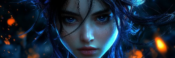 Dziewczyna, Niebieskie, Twarz, Grafika AI, Oczy