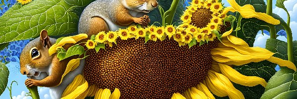 Wiewiórki, Grafika, Słonecznik, Dwie