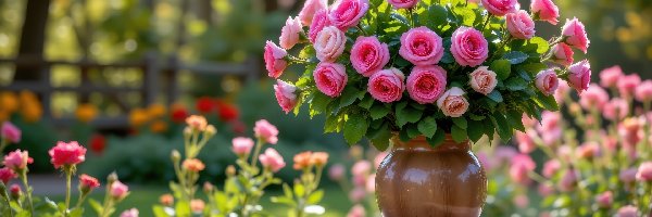 Różowe, Wazon, Róże, Kwiaty