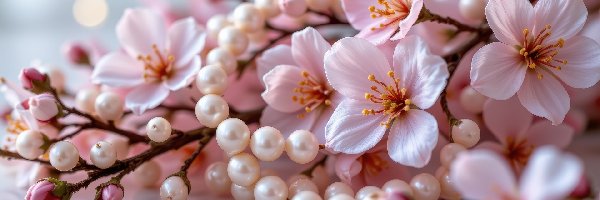 Różowe, Gałązki, Kwiaty, Korale, Perły