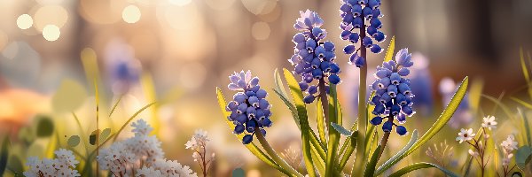 Szafirki, Kwiaty, Niebieskie, Grafika AI, Bokeh