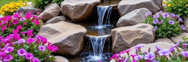 Ogród, Petunie, Kwiaty, Kamienie, Kaskada