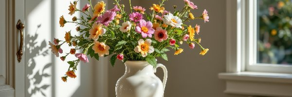 Stół, Bukiet, Dzbanek, Okno, Kolorowe, Kwiaty