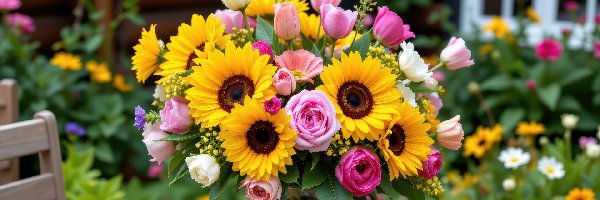 Stolik, Róże, Wazon, Bukiet, Słoneczniki, Kwiaty