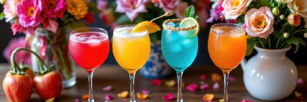 Kolorowe, Kieliszki, Drinki, Płatki, Kwiaty